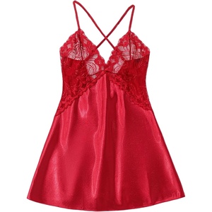 Avidlove Women Lingerie V Neck Sexy Nightwear Satin Sleepwear Lace Chemise Mini Babydoll Nightgown(Red02)