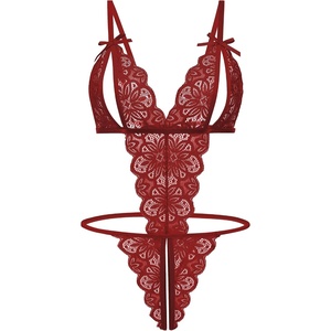 Avidlove Women Lingeries Deep V Teddy Lingerie Sexy Lace Bodysuit One Piece Mini Babydoll(Dark Red)