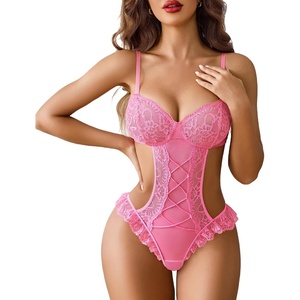 Avidlove Women Lingeries Deep V Teddy Lingerie Sexy Lace Bodysuit One Piece Mini Babydoll(Pink)