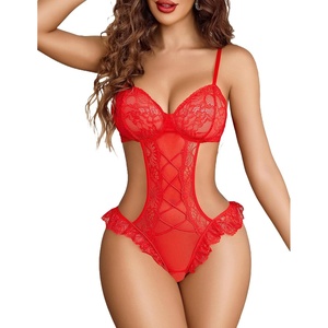 Avidlove Women Lingeries Deep V Teddy Lingerie Sexy Lace Bodysuit One Piece Mini Babydoll(Red)