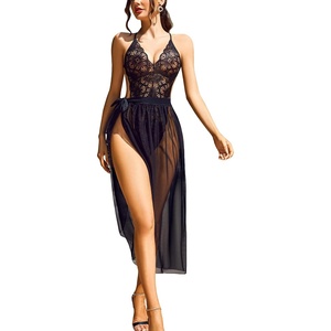 Avidlove Women One Piece Lingerie Deep V Lace Bodysuit Mosaic Lace Teddy Mesh Skirt(Black)