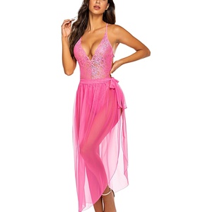 Avidlove Women One Piece Lingerie Deep V Lace Bodysuit Mosaic Lace Teddy Mesh Skirt(Pink)