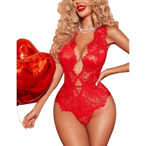 Avidlove Women One Piece Lingerie Lace Bodysuit Deep V Teddy Mini Babydoll(1-red)