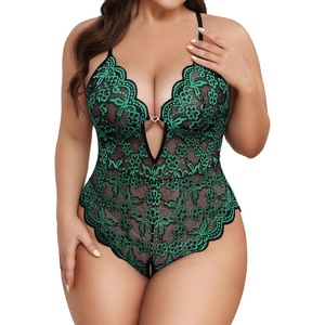 Avidlove Women Plus Size Lingerie Lace Teddy Deep V Lingerie Bodysuit One Piece Babydoll 14-22 Plus(Black Green)