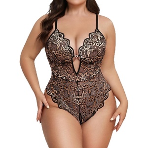 Avidlove Women Plus Size Lingerie Lace Teddy Deep V Lingerie Bodysuit One Piece Babydoll 14-22 Plus(Black Skin)