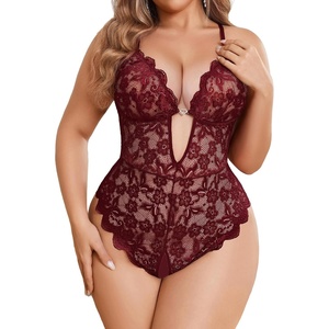 Avidlove Women Plus Size Lingerie Lace Teddy Deep V Lingerie Bodysuit One Piece Babydoll 14-22 Plus(Dark Red)