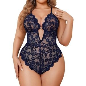 Avidlove Women Plus Size Lingerie Lace Teddy Deep V Lingerie Bodysuit One Piece Babydoll 14-22 Plus(Navy Blue)