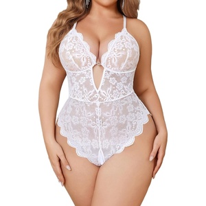 Avidlove Women Plus Size Lingerie Lace Teddy Deep V Lingerie Bodysuit One Piece Babydoll 14-22 Plus(White)