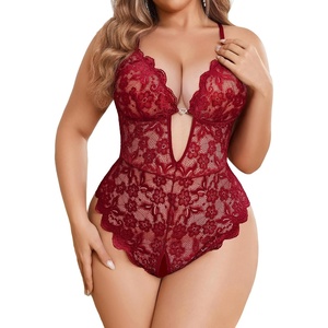 Avidlove Women Plus Size Lingerie Lace Teddy Deep V Lingerie Bodysuit One Piece Babydoll 14-22 Plus(Wine Red)