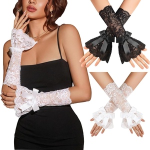 Avidlove Women Ruffle Bow Lace Gloves Fingerless Mid Elbow Sleeve Costume Wedding Opera Tea Party Prom Cosplay Gothic(White and Black)