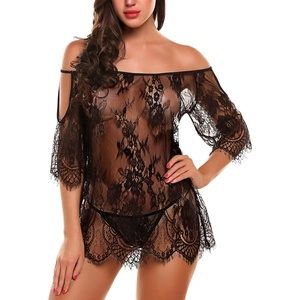 Avidlove Women Ruffle Lingerie Dress Short Sleeve Lace Babydoll Nightgown(Black)