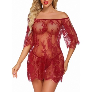 Avidlove Women Ruffle Lingerie Dress Short Sleeve Lace Babydoll Nightgown(Dark Red)