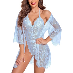 Avidlove Women Sexy Lingerie Set 2 Piece Lace Kimono Robe with Lace Teddy Lingerie Bodysuit(Baby Blue)
