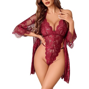 Avidlove Women Sexy Lingerie Set 2 Piece Lace Kimono Robe with Lace Teddy Lingerie Bodysuit(Dark Red)