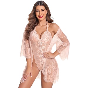 Avidlove Women Sexy Lingerie Set 2 Piece Lace Kimono Robe with Lace Teddy Lingerie Bodysuit(Pink)