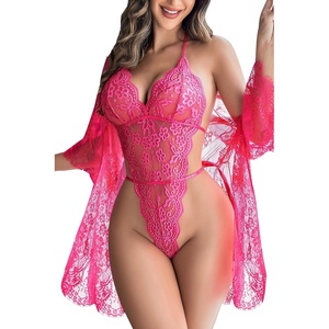 Avidlove Women Sexy Lingerie Set 2 Piece Lace Kimono Robe with Lace Teddy Lingerie Bodysuit(Rose Red)