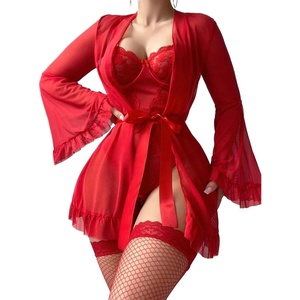 Avidlove Women Sexy Lingerie Set 2 Piece Sheer Kimono Robe with Lace Teddy Lingerie Bodysuit(Red)