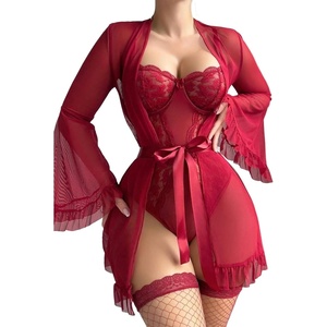 Avidlove Women Sexy Lingerie Set 2 Piece Sheer Kimono Robe with Lace Teddy Lingerie Bodysuit(Wine Red)