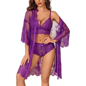 Avidlove Women Sexy Lingerie Set 3 Piece Bra and Panty Sets with Lace Kimono Robe Sleepwear Mesh Nightgown(Lavender)