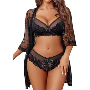 Avidlove Women Sexy Lingerie Set 3 Piece Lace Kimono Robe with Bra and Panty Nightgown Sleepwear(Black)