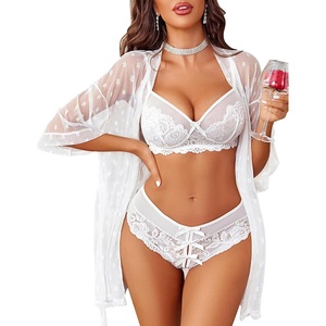 Avidlove Women Sexy Lingerie Set 3 Piece Lace Kimono Robe with Bra and Panty Nightgown Sleepwear(White)