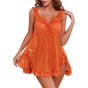 Avidlove Women’s 2 Piece Mesh Sheer Floral Lace Babydoll Slip Dress Nightgowns and Thong Lingerie Set(Caramel)