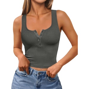 Avidlove Womens Crop Tank Tops Going Out Ribbed Button Up Square Neck Summer Slimming Top Cami Shirt(Grey)