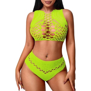 Avidlove Womens Fishnet Lingerie for Women Sexy Two Piece Lingerie Set Stripper Outfit(Lemon Green)