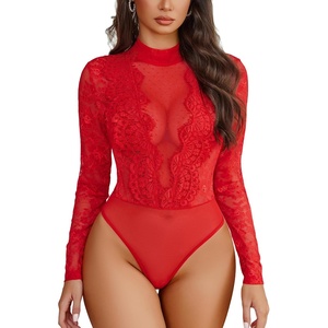 Avidlove Womens Lace Bodysuit Lingerie Teddy Going Out Turtleneck Sexy Bodysuits Top(Red)