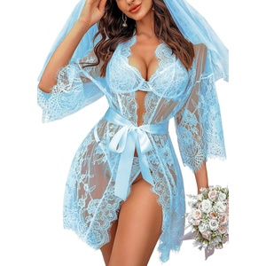 Avidlove Women’s Lace Kimono Robe Babydoll Lingerie Mesh Nightgown S-5XL(Baby Blue)