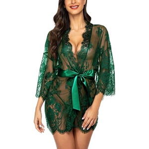 Avidlove Women’s Lace Kimono Robe Babydoll Lingerie Mesh Nightgown S-5XL(Dark Green)