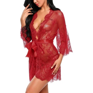 Avidlove Women’s Lace Kimono Robe Babydoll Lingerie Mesh Nightgown S-5XL(Dark Red)