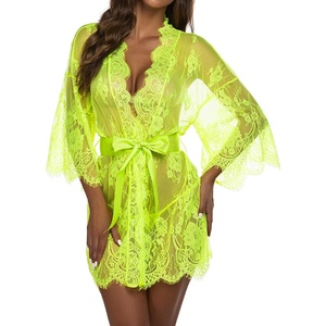Avidlove Women’s Lace Kimono Robe Babydoll Lingerie Mesh Nightgown S-5XL(Lemon Yellow)