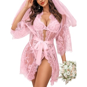 Avidlove Women’s Lace Kimono Robe Babydoll Lingerie Mesh Nightgown S-5XL(Pink)