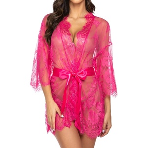 Avidlove Women’s Lace Kimono Robe Babydoll Lingerie Mesh Nightgown S-5XL(Rose Red)