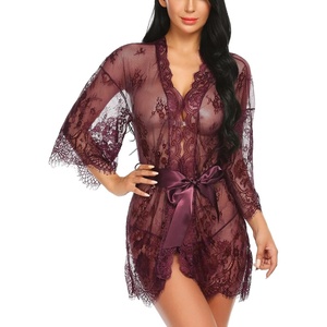 Avidlove Women’s Lace Kimono Robe Babydoll Lingerie Mesh Nightgown S-5XL(Wine Red)