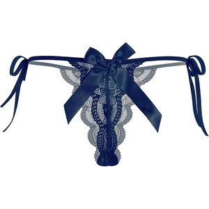 Avidlove Womens Lace Panties T Back Underwear Sexy G-string Thong V-Shape Floral Lace Tangas With Bow And Pearl(Navy)