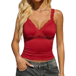 Avidlove Women’s Lace Tank Top Deep Plunge V Neck Sexy Tops Going Out Crop Shirt Summer Cami(Red)