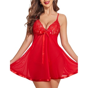 Avidlove Women’s Lingerie Lace Babydoll Strap Chemise Mesh Sleepwear V-Neck Sexy Nighty(Pure Red)