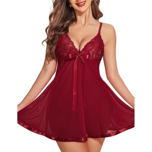 Avidlove Women’s Lingerie Lace Babydoll Strap Chemise Mesh Sleepwear V-Neck Sexy Nighty(Wine Red 2)
