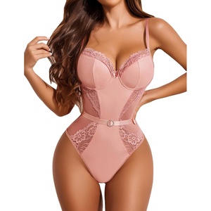 Avidlove Womens Lingerie Lace Bodysuit Push Up Lingerie Snap Crotch Teddy One Piece Babydoll(Light Pink)