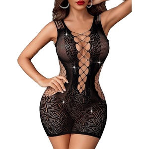 Avidlove Womens Lingerie Sexy Fishnet Bodycon Dress Stripper Outfit Hollow Out Beach Cover Up Mesh Chemise Babydoll(Black)