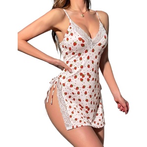 Avidlove Women’s Lingerie Sexy Nightgown Milk Silk Sleepwear Lace Babydoll Chemise Side Slit Nightie with Thong(Strawberry)