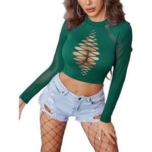 Avidlove Women’s Long Sleeve Fishnet Top Sexy Cut Out Crop Short Hollow Out Top(Green)