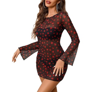 Avidlove Women’s Mesh Dress Backless Bell Sleeve Party Clubwear Mini Bodycon Dresses(Black Love Heart Print)