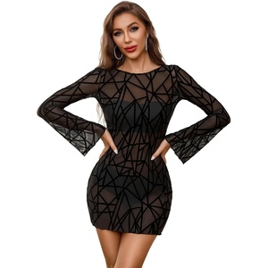 Avidlove Women’s Mesh Dress Backless Bell Sleeve Party Clubwear Mini Bodycon Dresses(Geo Pattern-black)