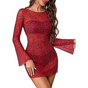 Avidlove Women’s Mesh Dress Backless Bell Sleeve Party Clubwear Mini Bodycon Dresses(Red Leopard Print)