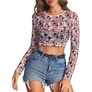 Avidlove Women’s Mesh Tops Long Sleeve See Through Tee Shirt Crop Sheer Blouse Sexy Clubwear XS-4XL(A-flag)