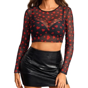 Avidlove Women’s Mesh Tops Long Sleeve See Through Tee Shirt Crop Sheer Blouse Sexy Clubwear XS-4XL(Heart Print)