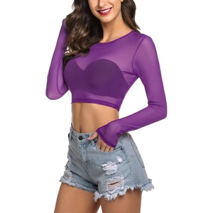 Avidlove Women’s Mesh Tops Long Sleeve See Through Tee Shirt Crop Sheer Blouse Sexy Clubwear XS-4XL(Purple)